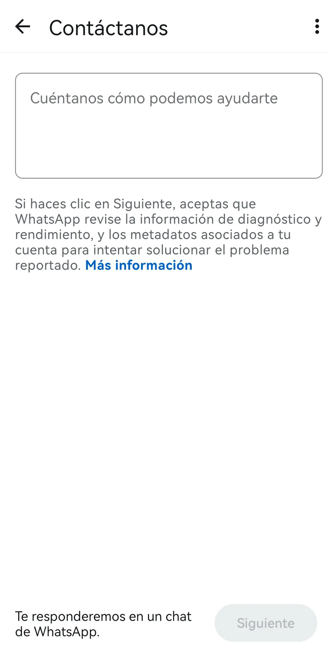Enviar un mensaje al equipo de asistencia de WhatsApp Imagen: Enviar un mensaje al equipo de asistencia de WhatsApp