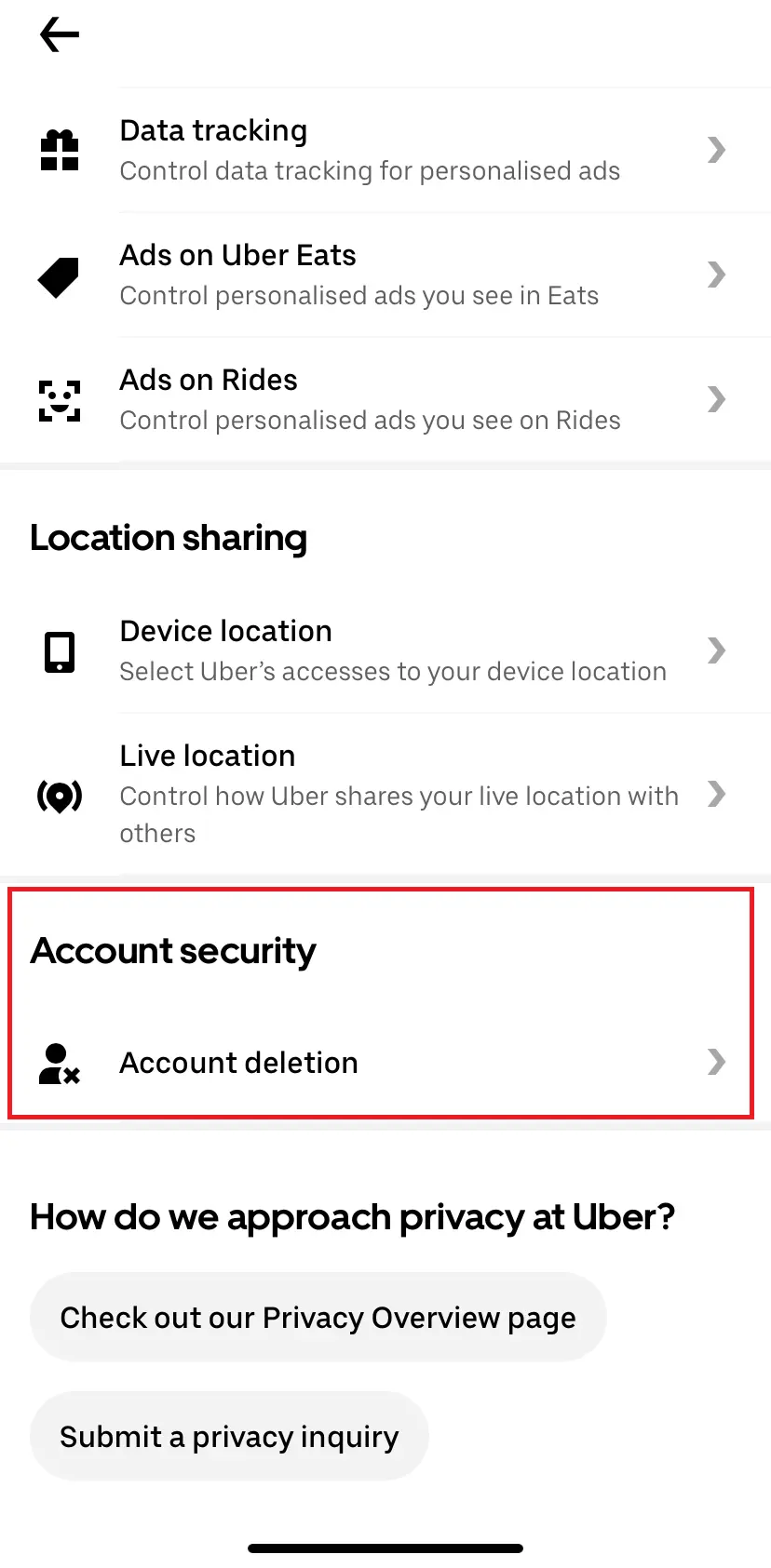 Imagen: Captura de pantalla de la opción de eliminación en la app de Uber