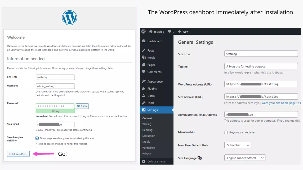 Imagen: Blog de WordPress: la instalación de WordPress para el blog ha finalizado