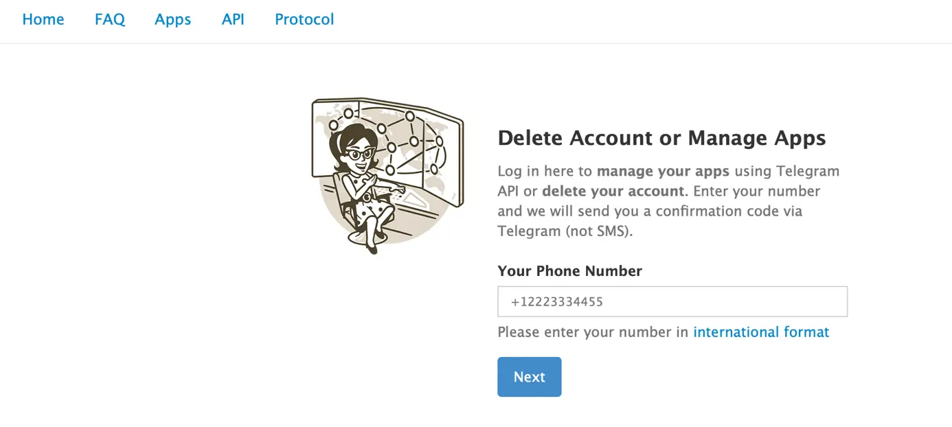 En el navegador: página de Telegram para eliminar una cuenta Imagen: En el navegador: página de Telegram para eliminar una cuenta