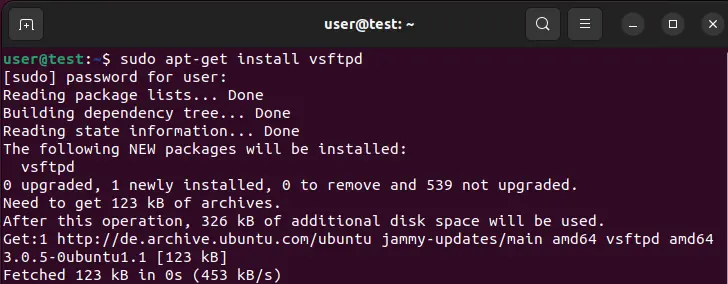 Ubuntu 22.04: instalación de vsftpd en el terminal Imagen: Ubuntu 22.04: instalación de vsftpd en el terminal