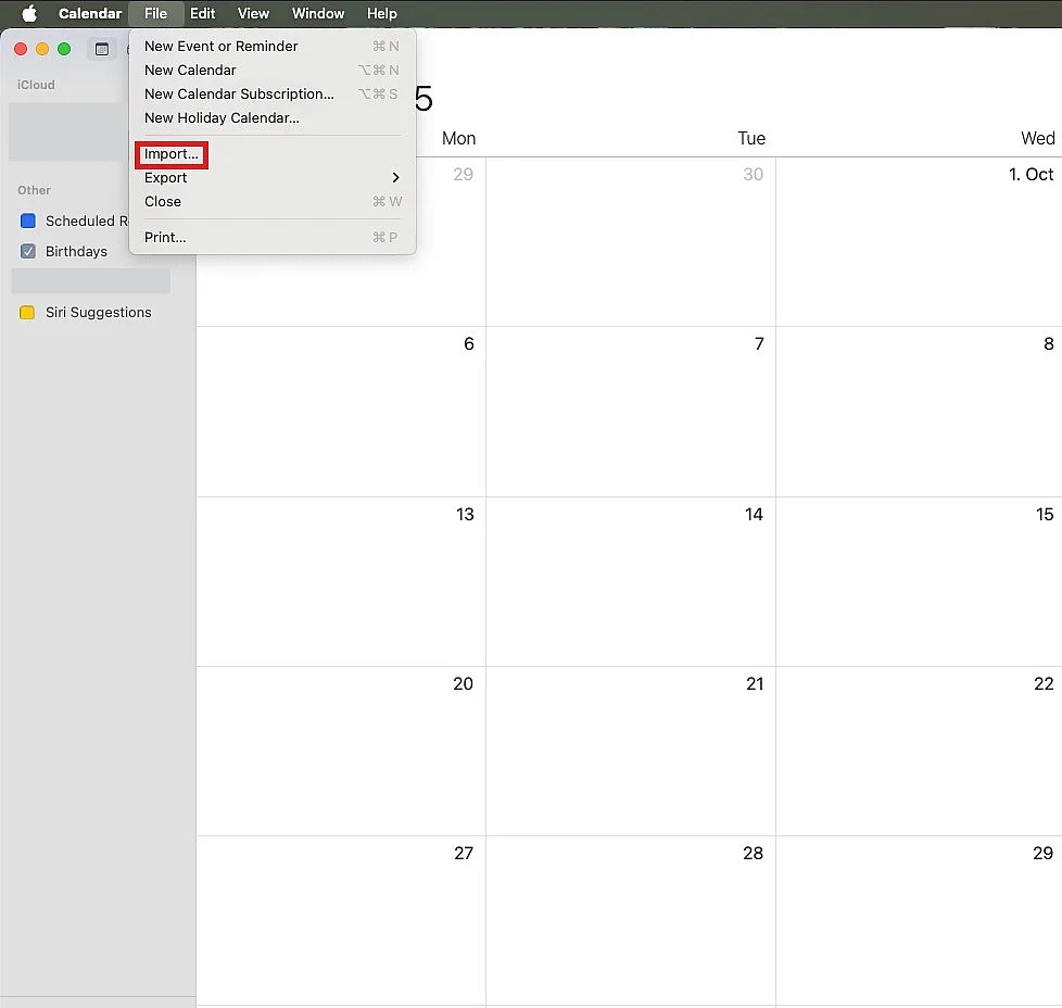 Imagen: Importar archivo ICS en Apple Calendar