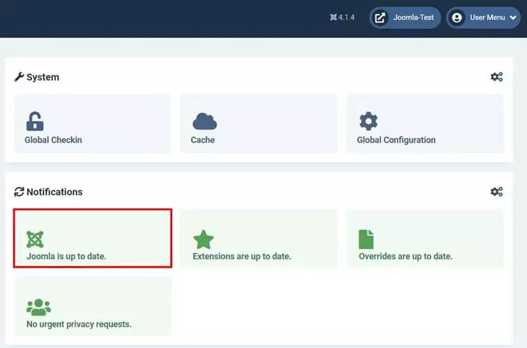 Imagen: Dashboard de Joomla: comprobación de versión