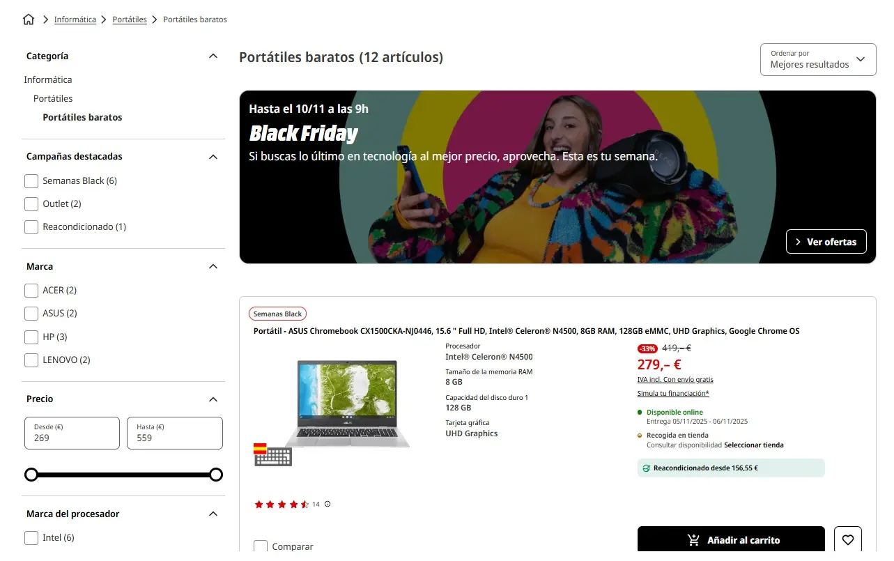 Imagen: Landing page de mediamarkt.es en la b&uacute;squeda &ldquo;port&aacute;tiles baratos y buenos&rdquo;