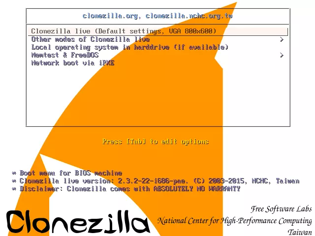 Imagen: Menú de arranque de Clonezilla Live: menú para seleccionar el modo operativo