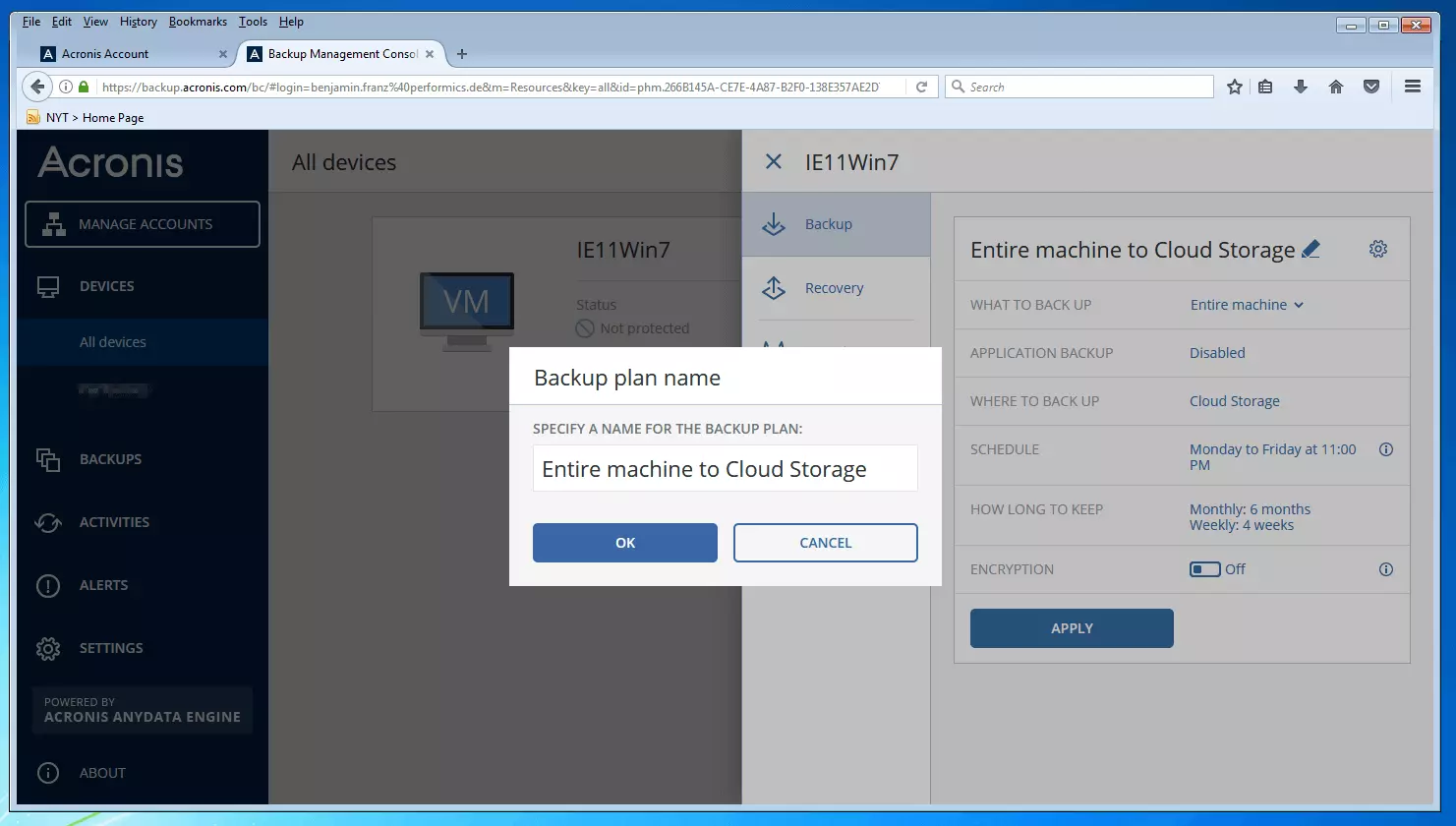 Imagen: Consola de gestión de copias de seguridad de Acronis Backup 12.5: cuadro de diálogo para dar nombre al plan de la copia de seguridad