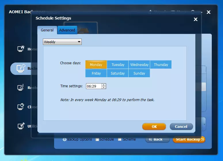 Imagen: : Aomei Backupper Standard 4.0.4: menú para la creación de un planning de copias de seguridad