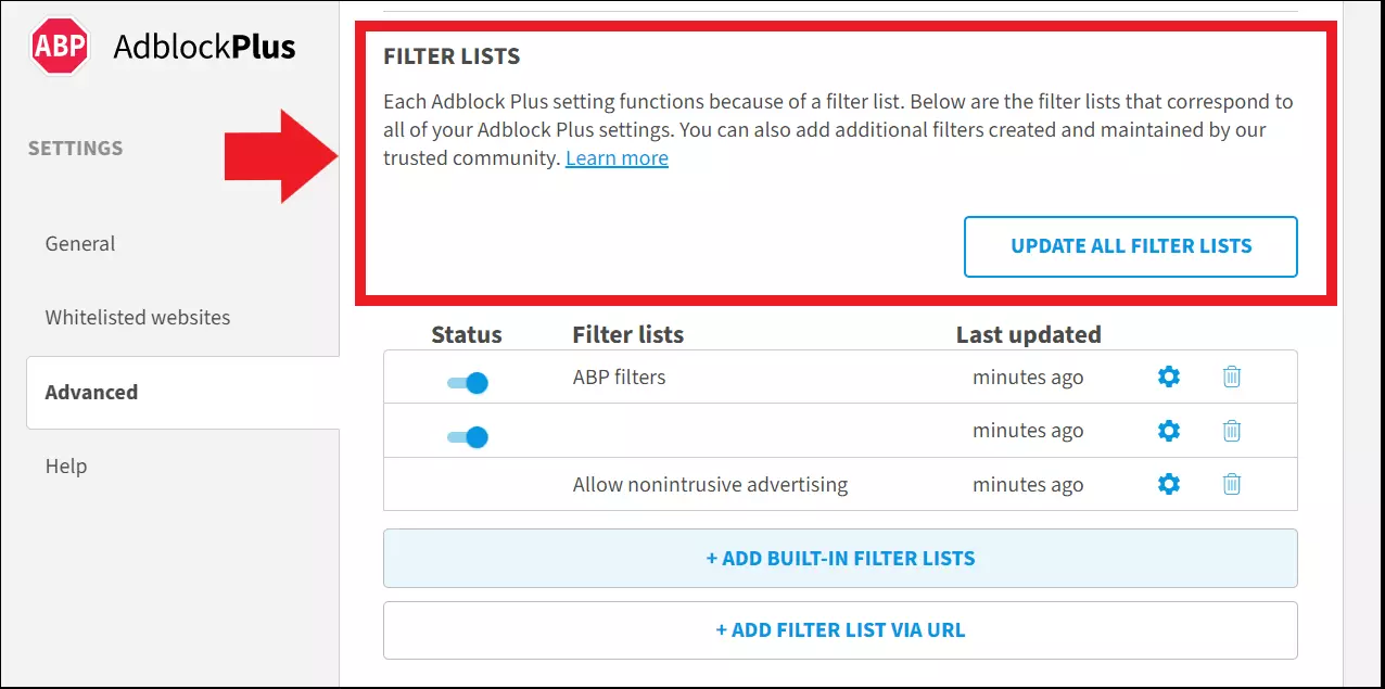 Imagen: Listas de filtros para los anuncios bloqueados en Adblock Plus