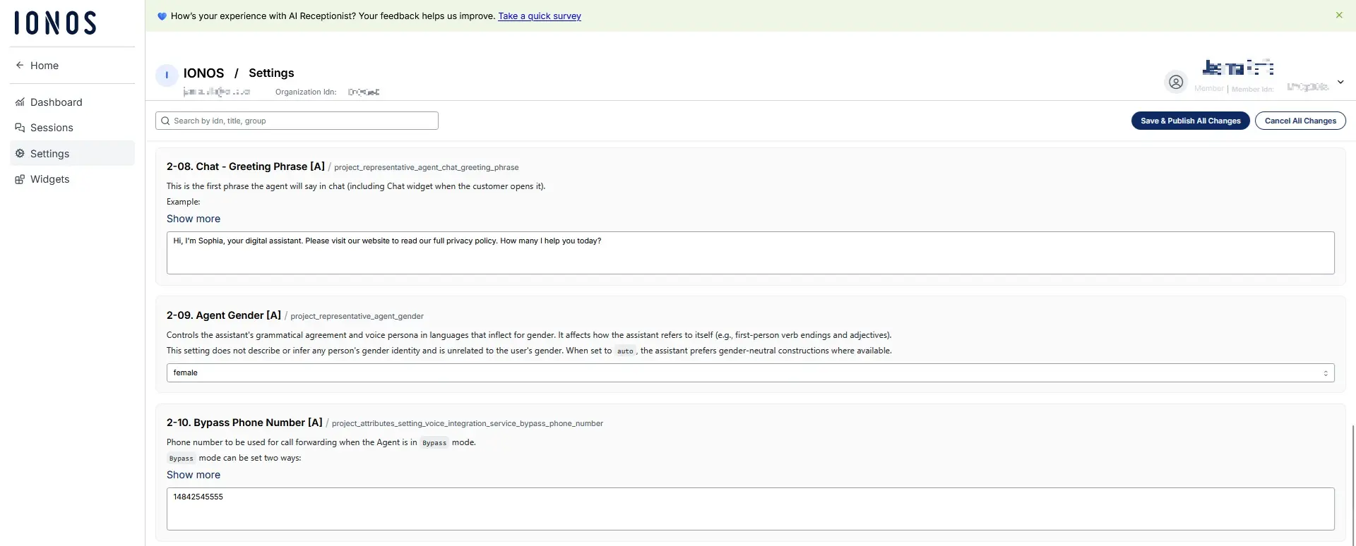 Captura de pantalla del recepcionista IA de IONOS Imagen: Captura de pantalla del recepcionista IA de IONOS
