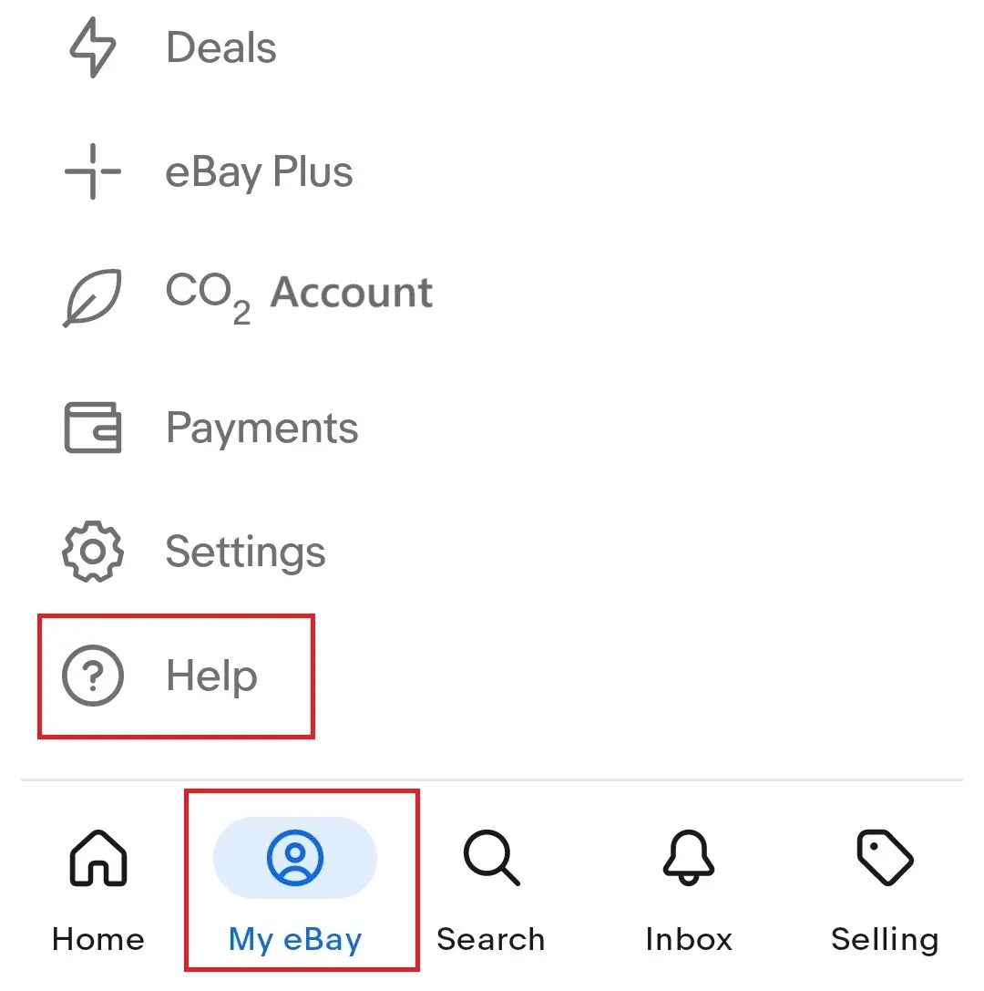 Imagen: Captura de pantalla del menú de la app de My eBay con la opción “Ayuda” en Android