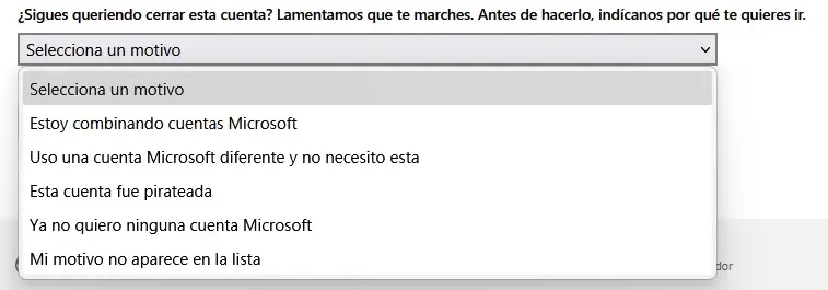 Imagen: Seleccionar un motivo para el cierre de la cuenta de Microsoft