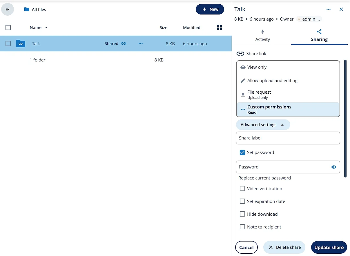 Permisos personalizados al compartir una carpeta en Nextcloud Imagen: Permisos personalizados al compartir una carpeta en Nextcloud