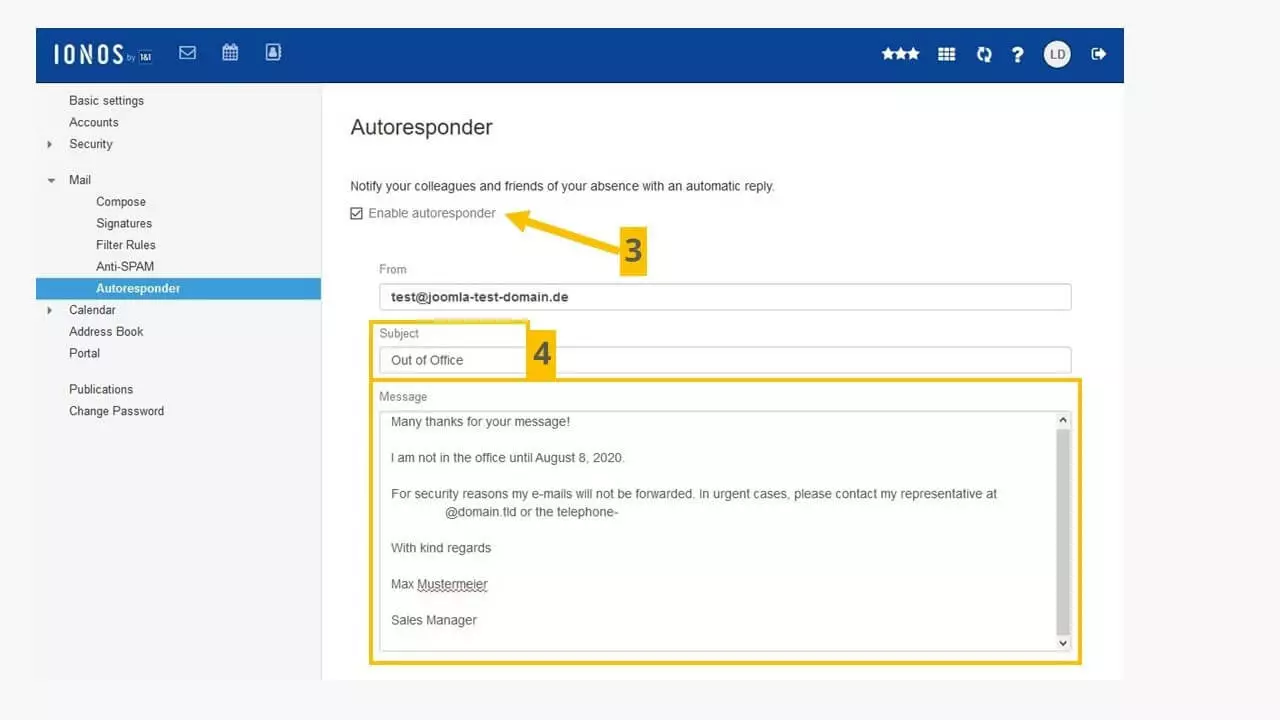 Imagen: Configuración de la respuesta automática con IONOS.