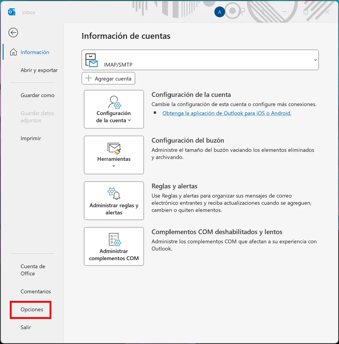 Opciones de Outlook en la ventana emergente de información de cuentas Imagen: Opciones de Outlook en la ventana emergente de información de cuentas