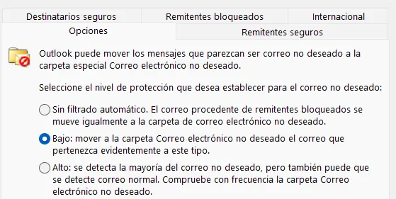 Imagen: Opciones del filtro de spam de Outlook