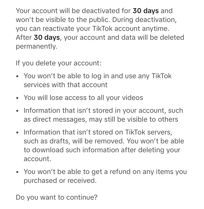Imagen: Texto informativo sobre la eliminación de la cuenta de TikTok