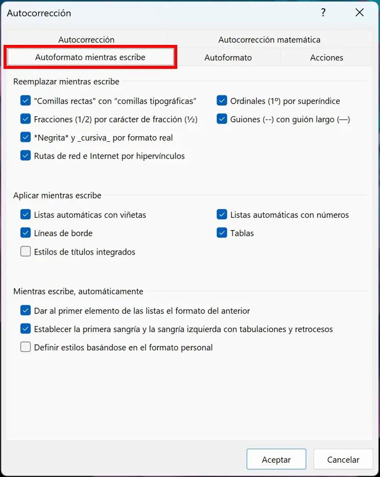 Opción de Outlook “Autoformato mientras escribe” y “Autoformato” Imagen: Opción de Outlook “Autoformato mientras escribe” y “Autoformato”