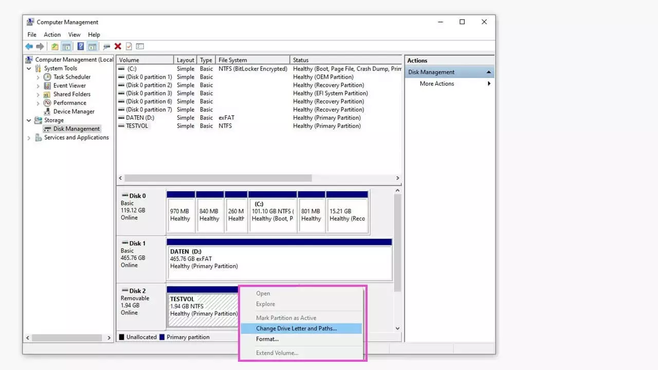 Imagen: Menú contextual abierto en la administración de discos de Windows