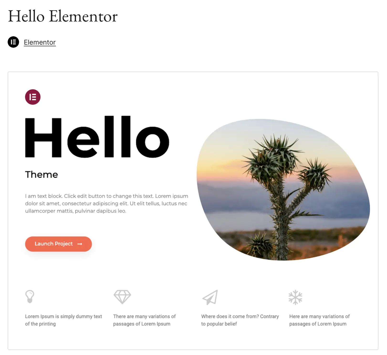 Imagen: Vista previa de la plantilla Hello Elementor de WordPress en WordPress.org