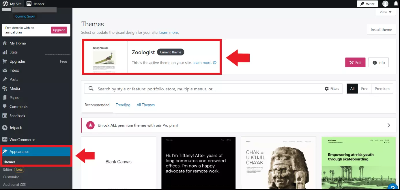 La página de WordPress en el panel de control con todos los temas instalados
