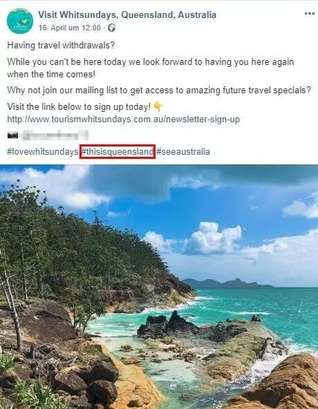 Imagen: Hashtag marketing: Página de Facebook de “Visit Whitsundays”