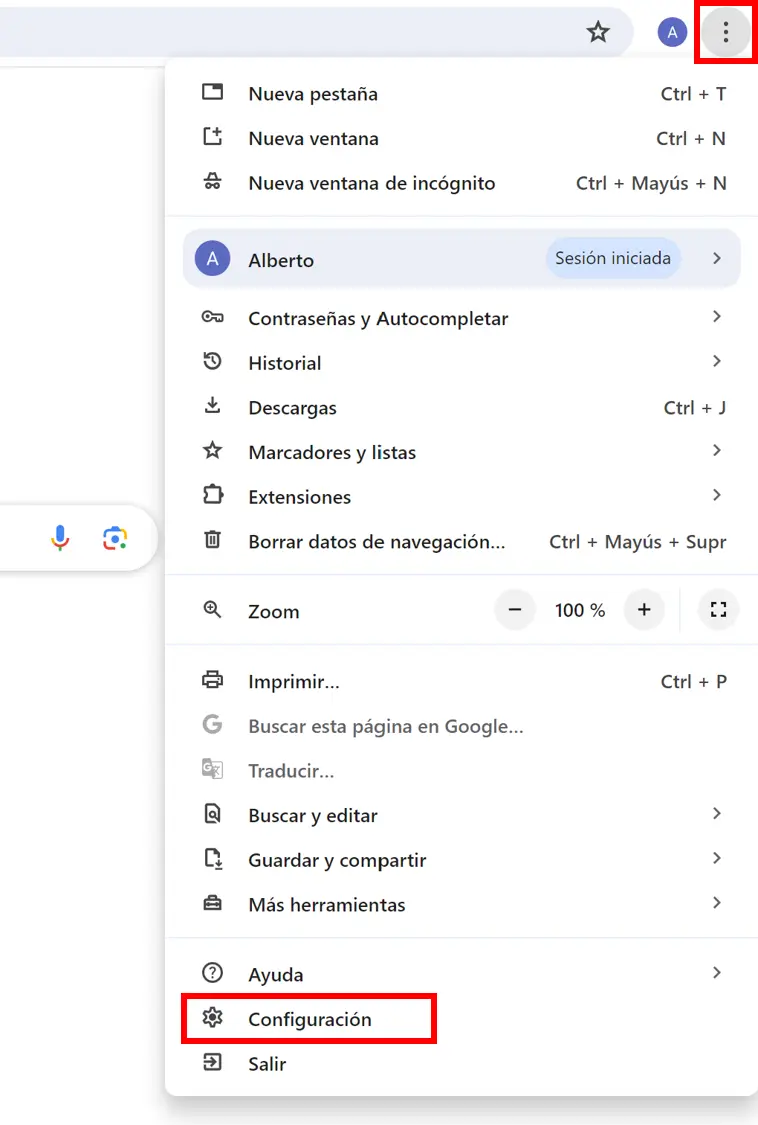 Imagen: Menú de tres puntos en Google Chrome