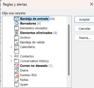Asistente para reglas en Outlook: selección de la carpeta de destino Imagen: Asistente para reglas en Outlook: selección de la carpeta de destino