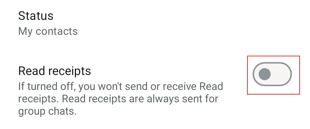 Captura de pantalla en Android del panel de privacidad de WhatsApp con la opción de confirmación de lectura desactivada Imagen: Captura de pantalla en Android del panel de privacidad de WhatsApp con la opción de confirmación de lectura desactivada