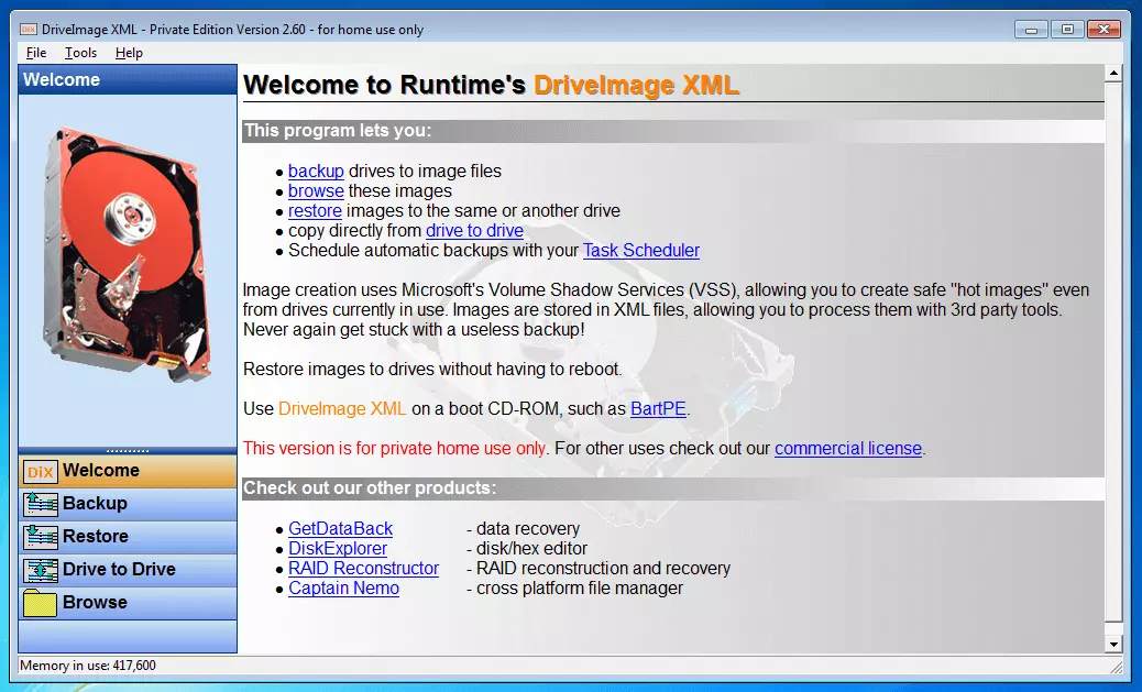 Imagen: DriveImage XML 2.60: página de inicio