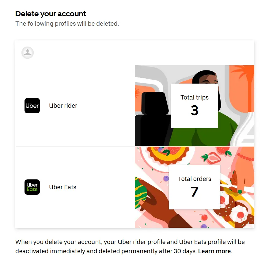 Imagen: Captura de pantalla de la opción de eliminación en la página web de Uber