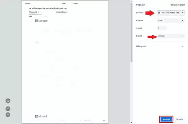 Ventana de “Imprimir” en la versión online de Outlook