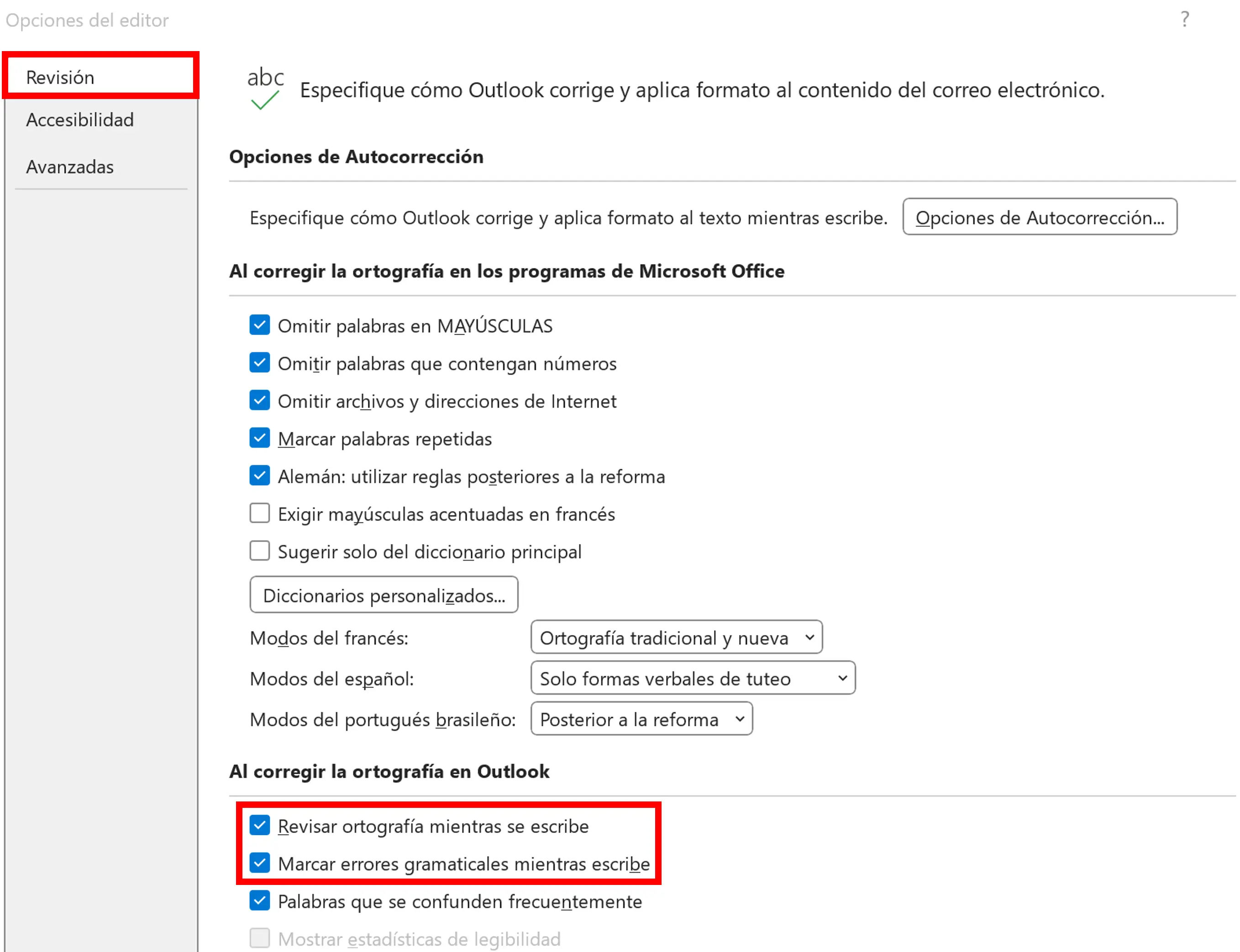 Imagen: Revisión de texto en Outlook