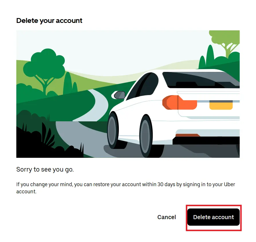 Imagen: Captura de pantalla de la eliminación de la cuenta en la página web de Uber