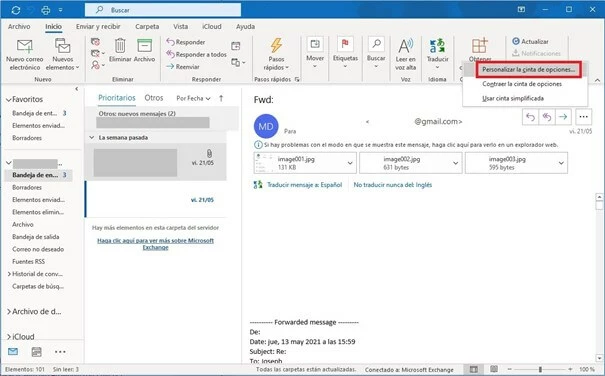 Outlook con el menú de “Personalizar la cinta de opciones…” abierto