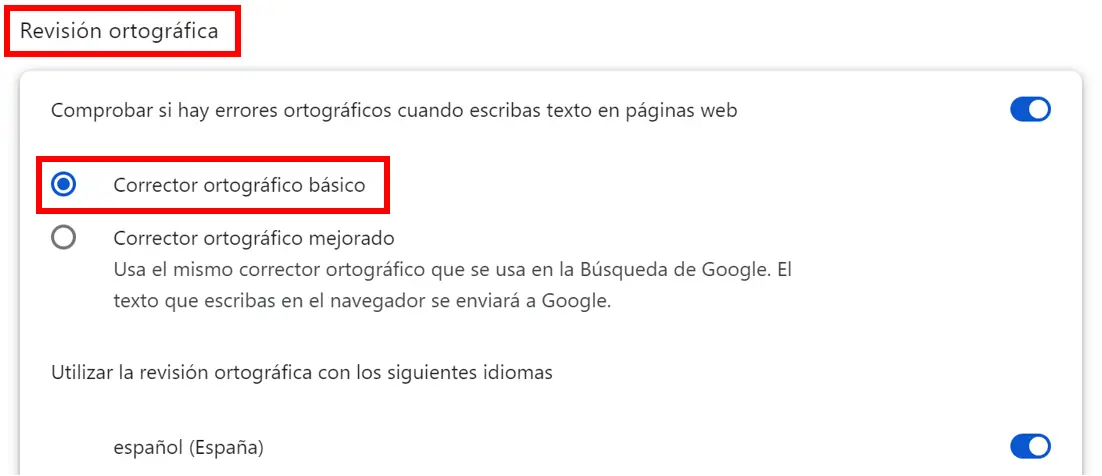 Imagen: Activar el corrector ortográfico básico en Google Chrome