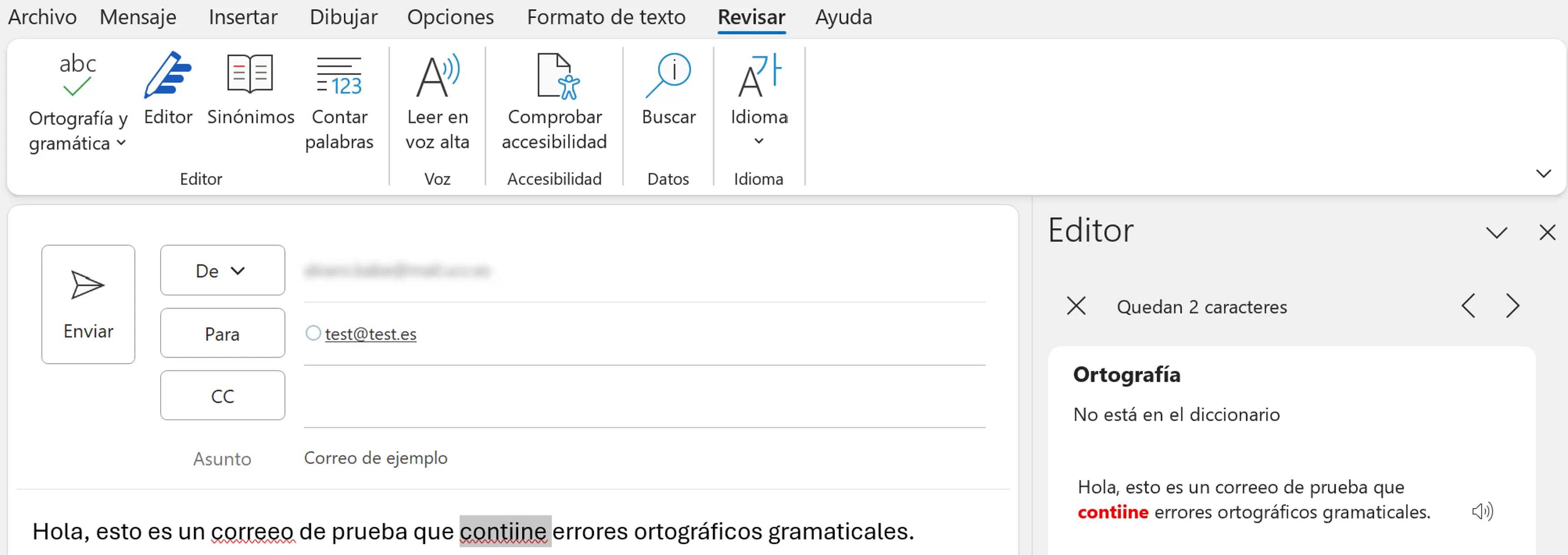 Imagen: Revisión ortográfica manual en Outlook