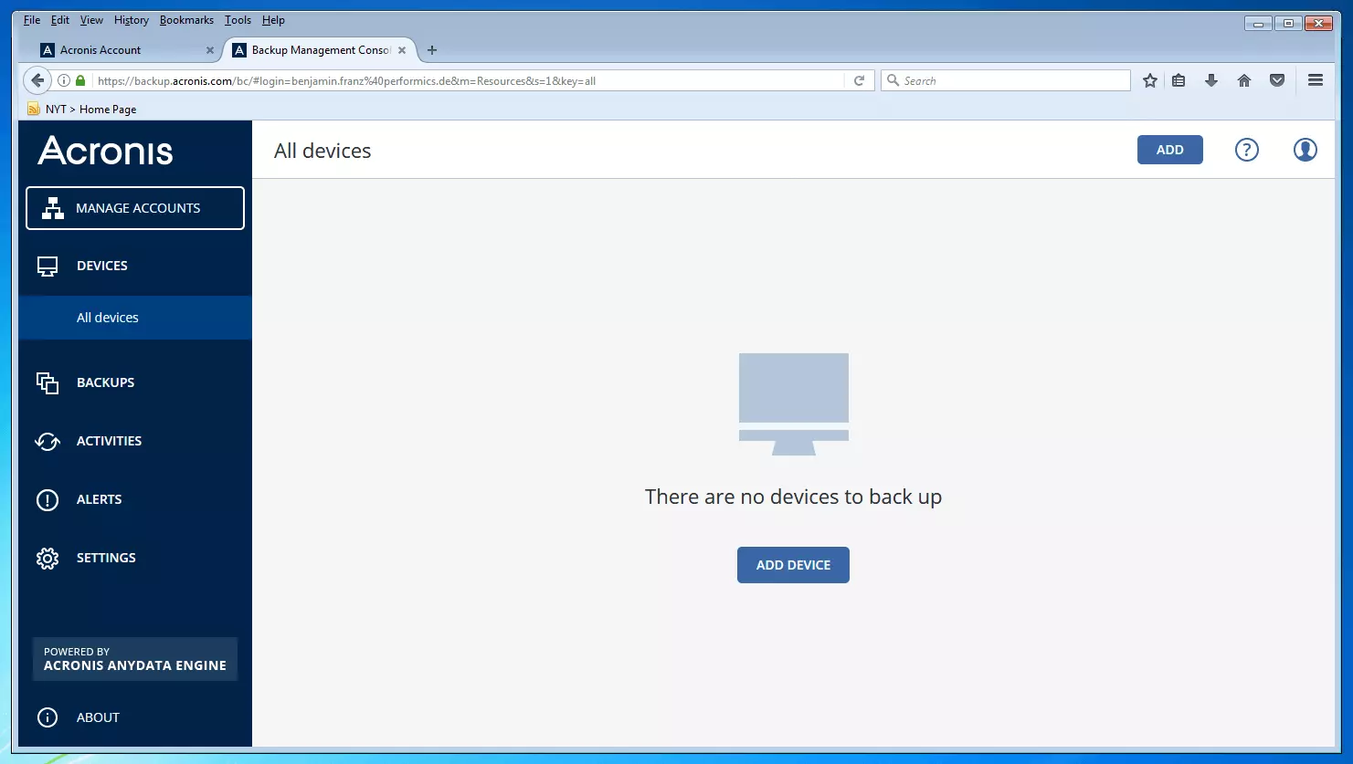 Imagen: Consola de gestión de backups de Acronis Backup 12.5