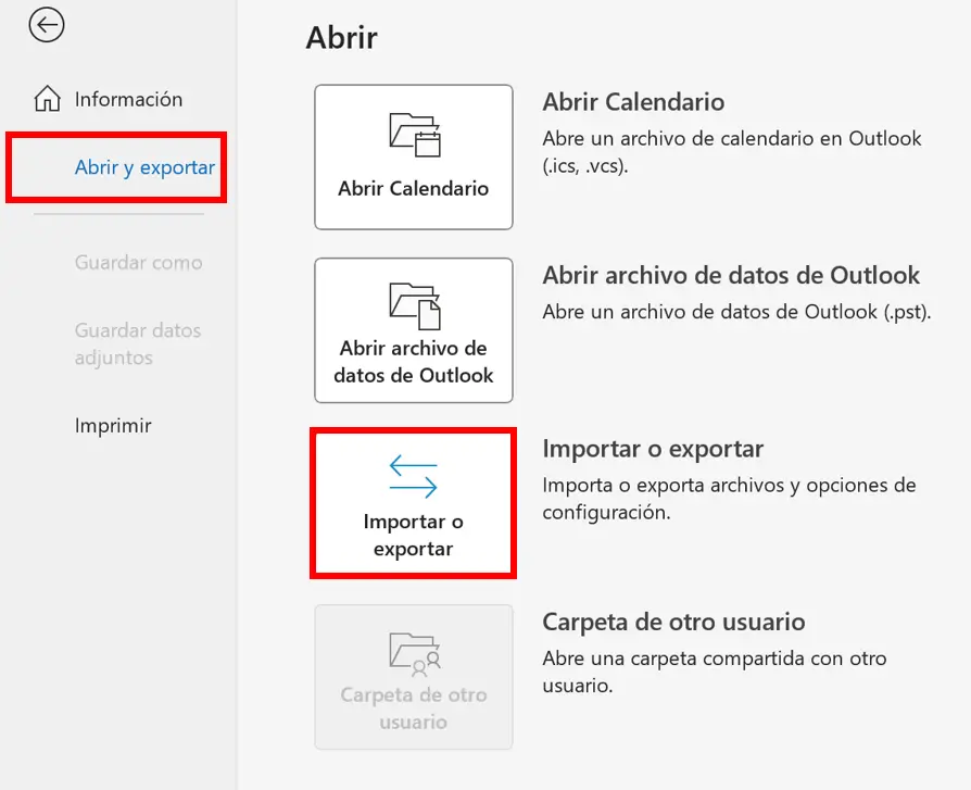 Imagen: Iniciar el asistente de Outlook para importar datos con “Importar/Exportar”