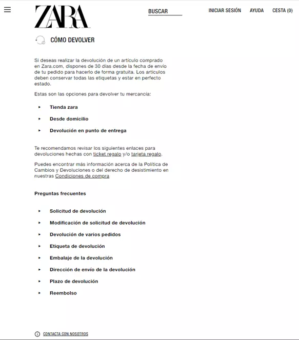 Política de devoluciones de Zara