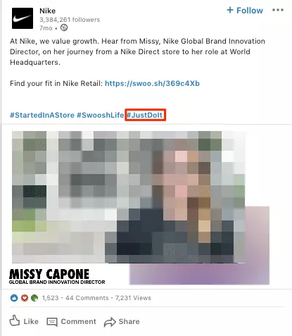 Imagen: LinkedIn: “JustDoIt”, hashtag de marca de Nike.