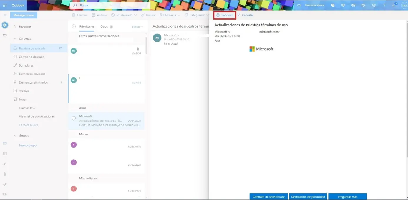 Volverás a ver el correo entero y podrás seleccionar “Imprimir” arriba Imagen: Volverás a ver el correo entero y podrás seleccionar “Imprimir” arriba