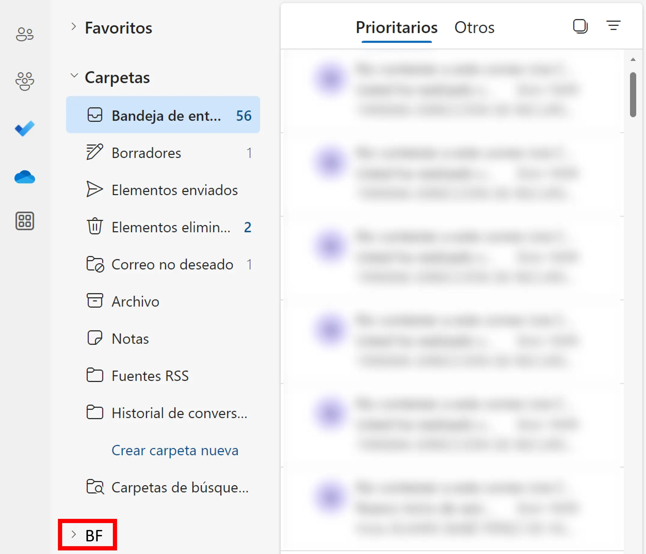 Outlook versión web: panel de carpetas con buzón agregado Imagen: Outlook versión web: panel de carpetas con buzón agregado