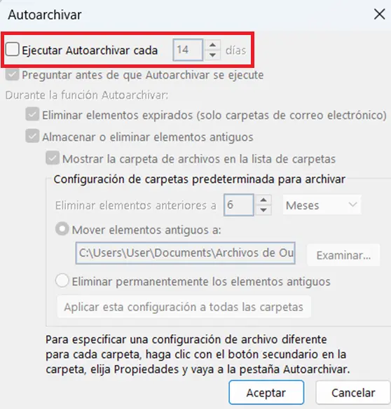 Imagen: Microsoft Outlook: menú de configuración de “Autoarchivar”