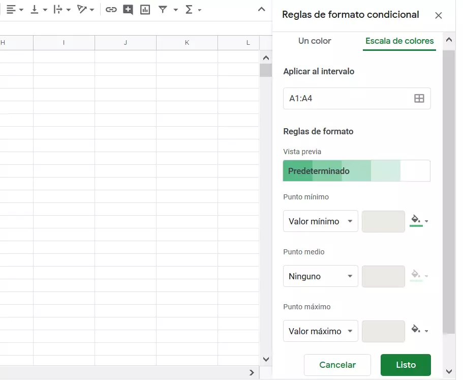 Google Sheets: menú para configurar la escala de color.