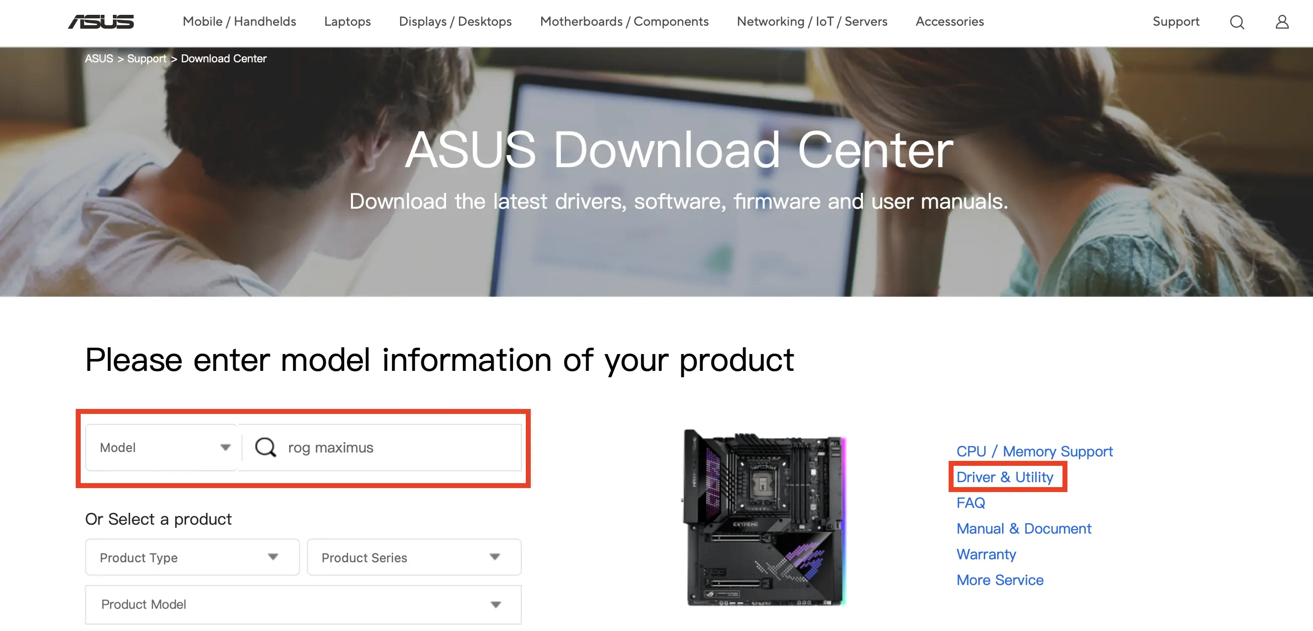 Página web de ASUS: buscar producto Imagen: Página web de ASUS: buscar producto