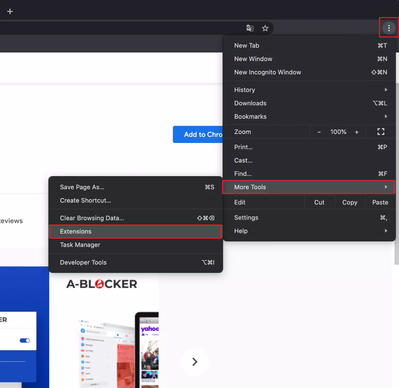 Administra tus complementos de Chrome seleccionando "Más herramientas" y luego "Extensiones" en la esquina superior derecha de tu pantalla