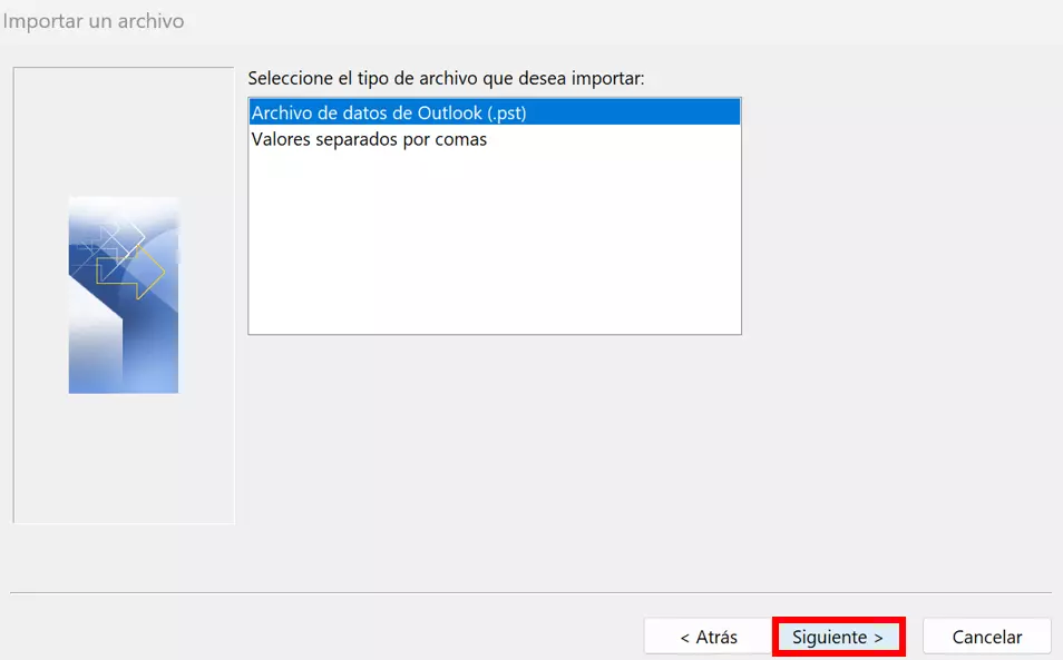 Asistente de importación y exportación de Outlook: importar como archivo PST Asistente de importación y exportación de Outlook: importar como archivo PST