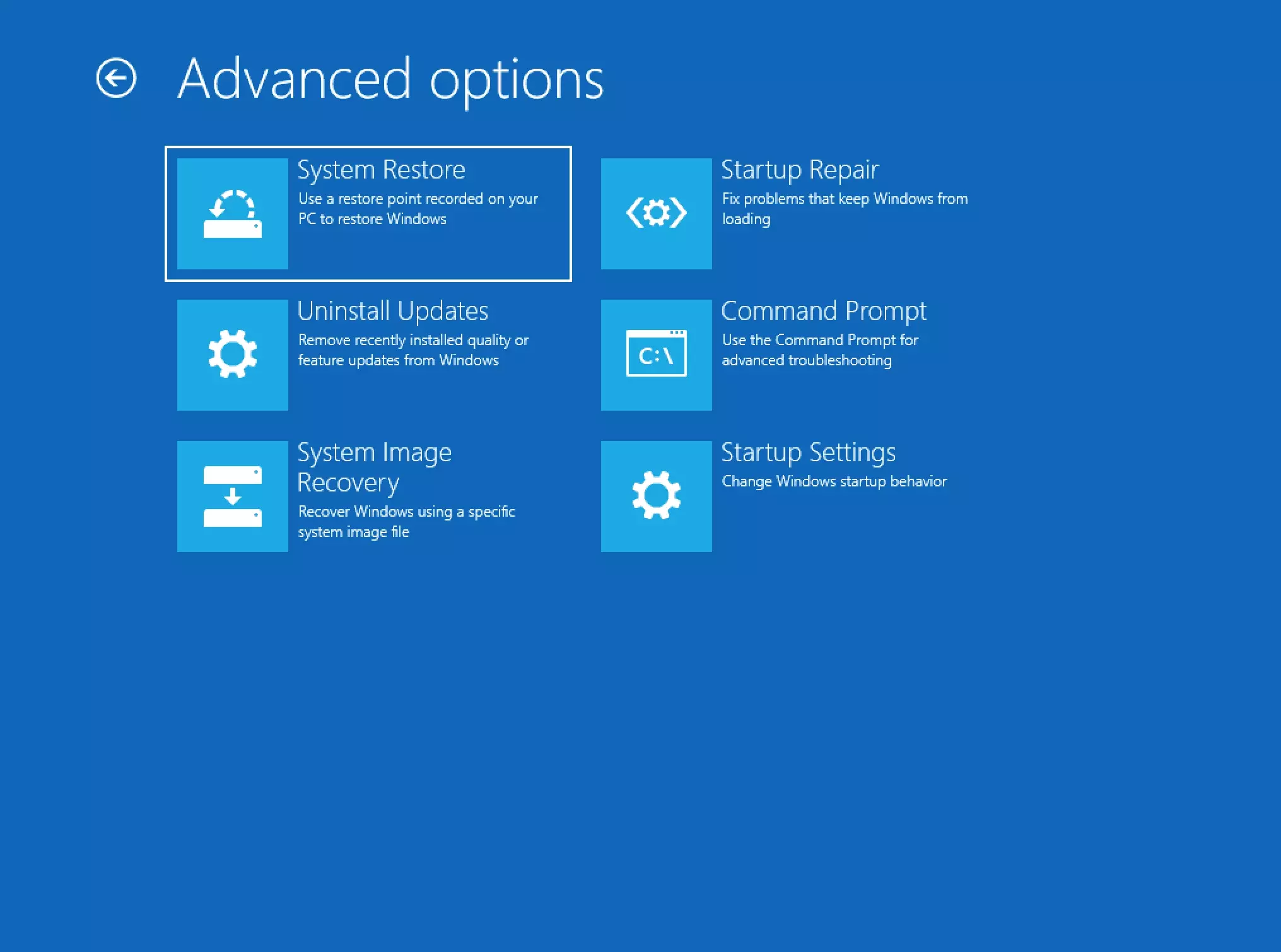 Menú de opciones de inicio de Windows