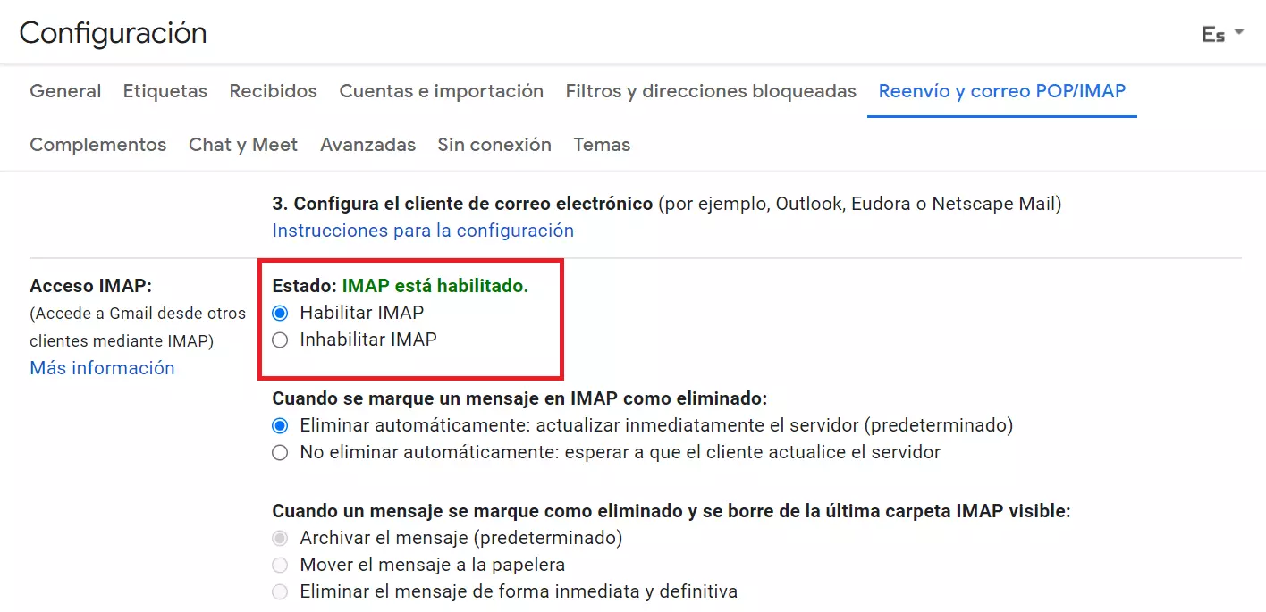 Imagen: Cliente Gmail: habilitar IMAP