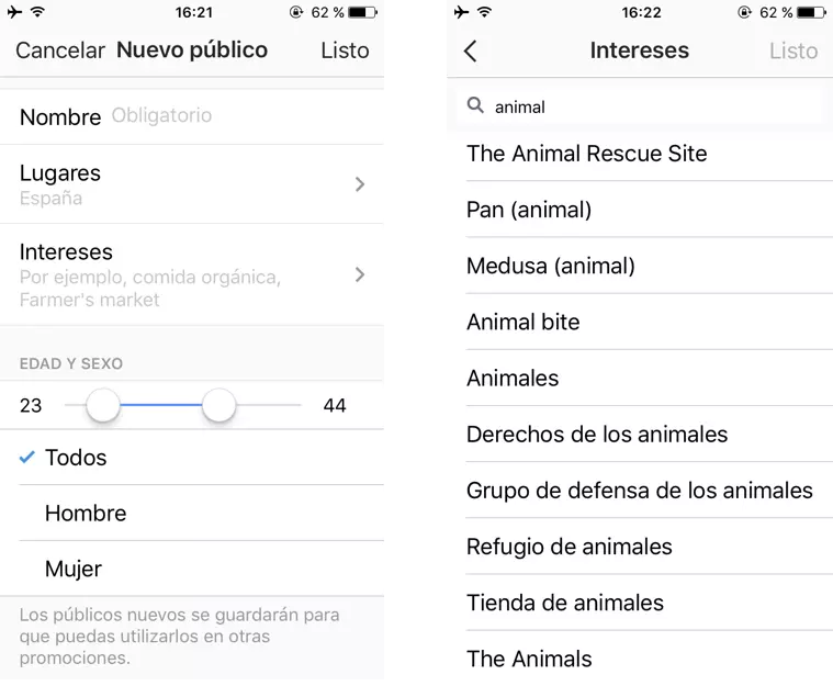Imagen: Selección del público objetivo con el administrador de anuncios de Instagram